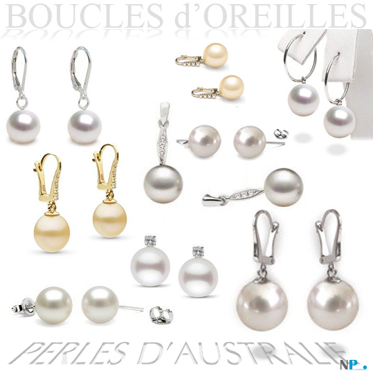 Boucles d'oreilles de perles d'australie - perles dorées - perles blanches argentées - perles des mers du sud